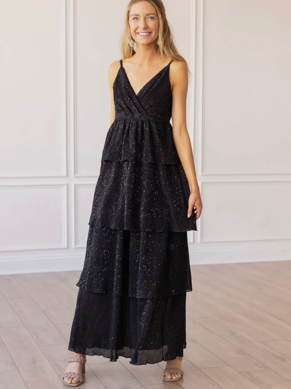 Black Sparkle Tiered V-Neck Maxi Dress